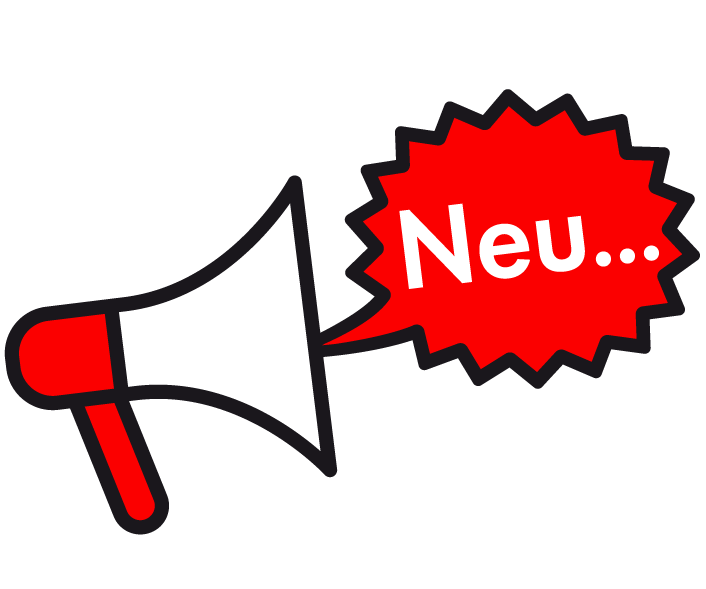 Eine einfache Illustration eines Megaphons mit einem roten Umriss, das eine rote Sprechblase mit dem Wort Neu... in weißem Text projiziert. Der Hintergrund ist hellgrau.