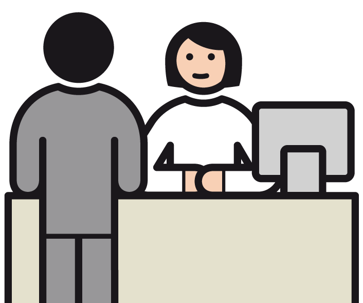 Illustration einer Person, die vor einem Schreibtisch steht, während eine andere Person lächelnd hinter dem Schreibtisch sitzt, auf dem ein Computermonitor steht.